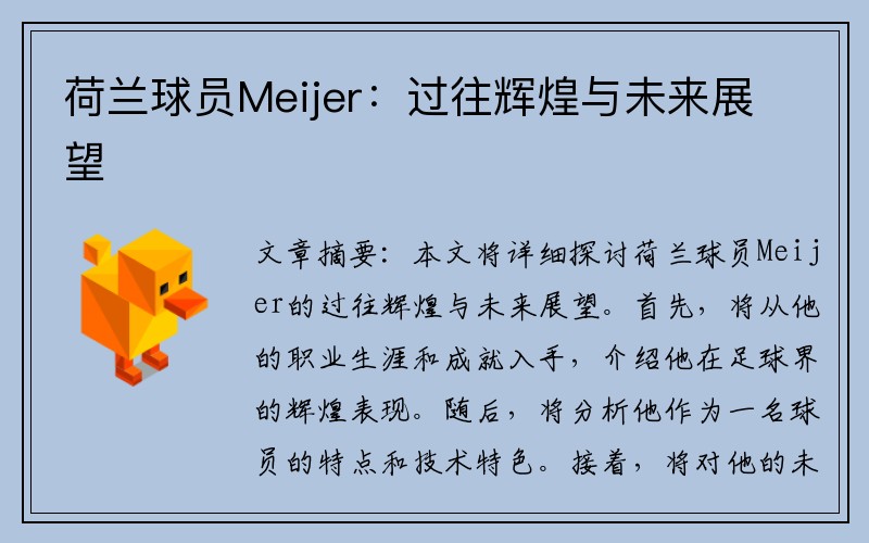 荷兰球员Meijer：过往辉煌与未来展望